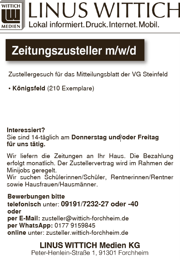 Zusteller in der Gemeinde Königsfeld gesucht